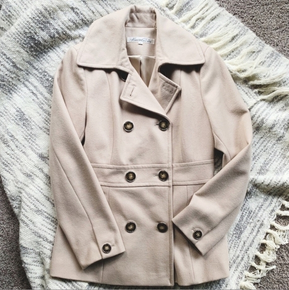 Kenneth Cole NY Wool Blend Double Breasted Cream Pea Coat Women's Size 12 EUC - Picture 1 of 7